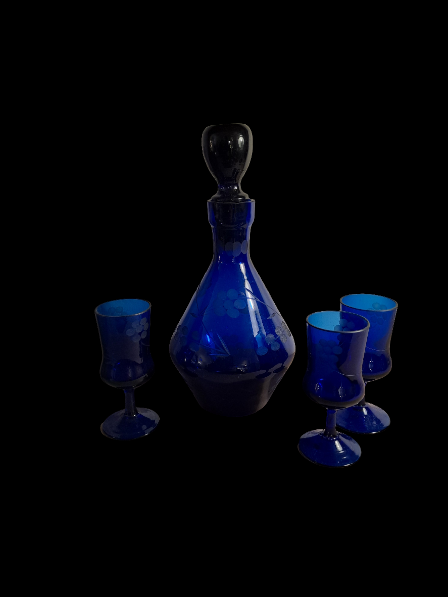Cobalt Blue Glass Carafe with Glasses