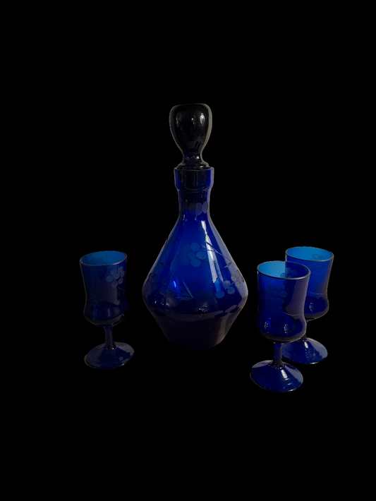 Cobalt Blue Glass Carafe with Glasses/Koboltblå Karaffel m/Glas