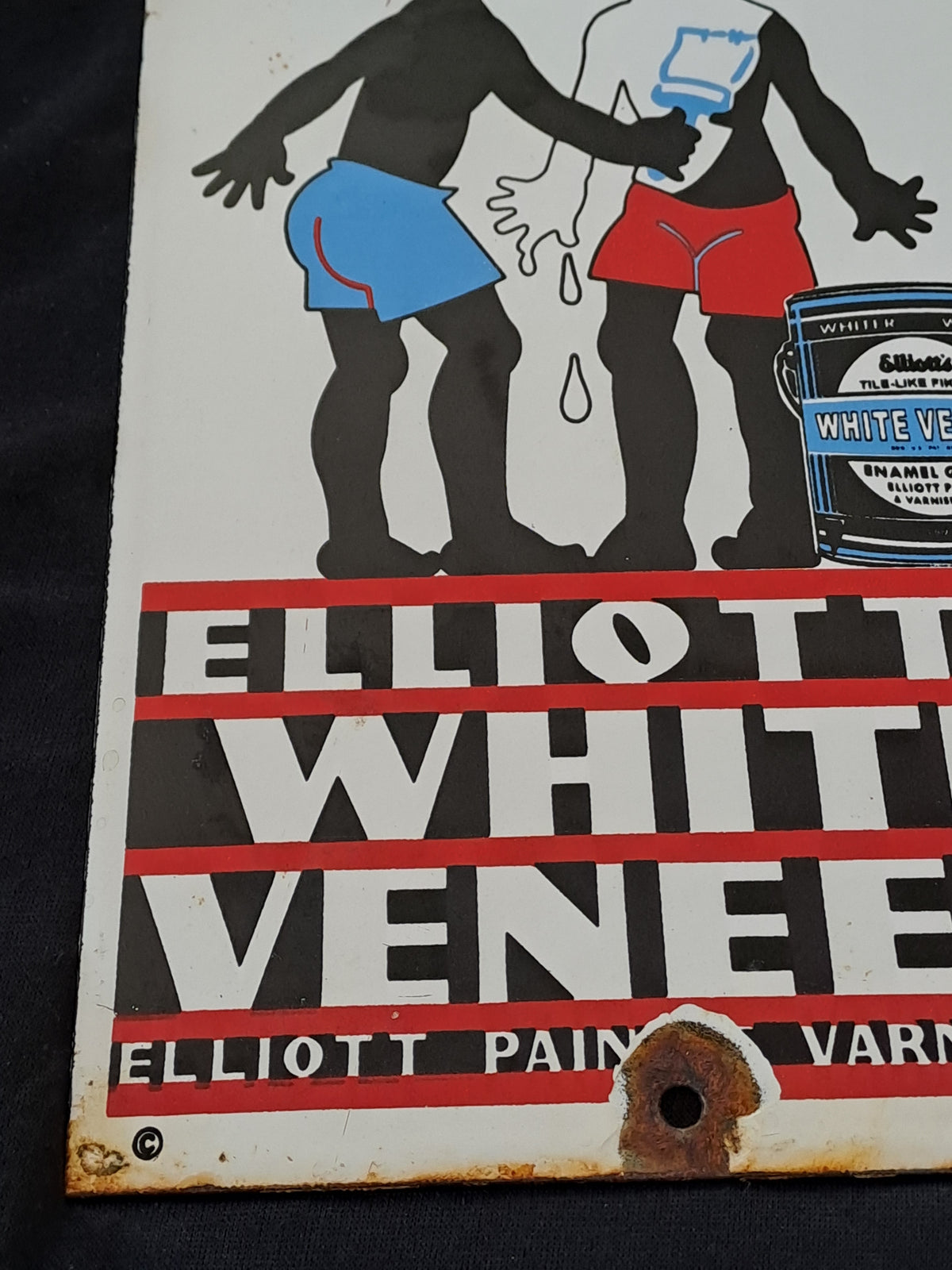 Elliot's White Veneer Enamel Sign / Elliot's White Veneer Emaljeskilt