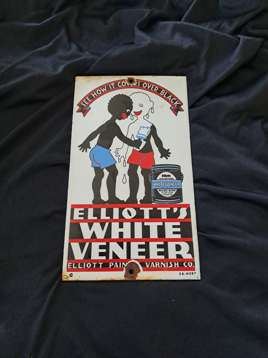 Elliot's White Veneer Enamel Sign / Elliot's White Veneer Emaljeskilt