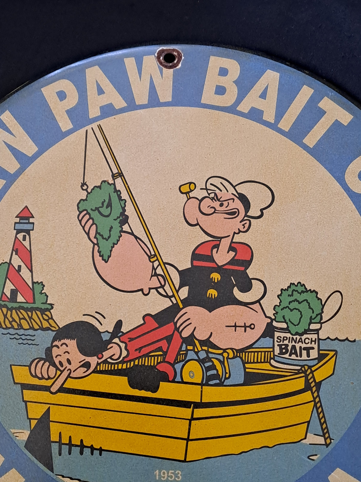 Paw Paw Bait Enamel Sign with Popeye