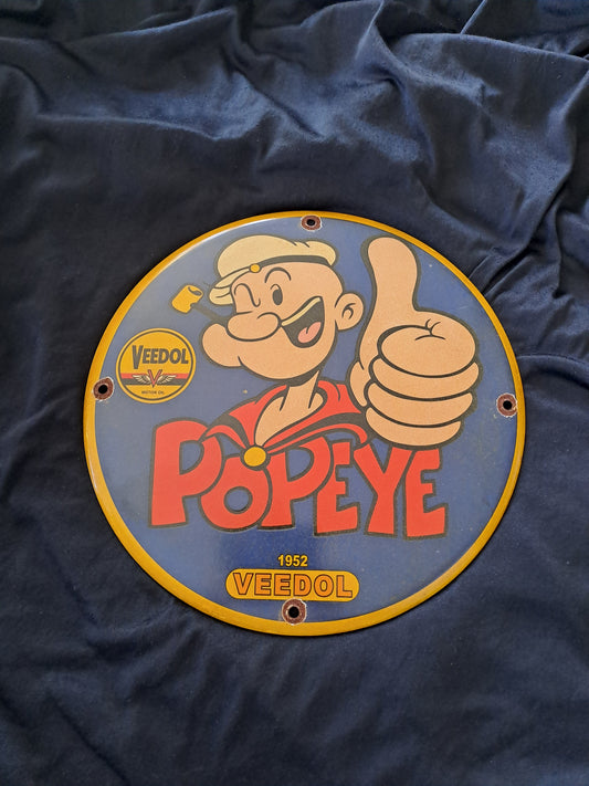 Veedol Motoroil Enamel Sign with Popeye / Veedol Motoroil Emaljeskilt med Skipper Skræk
