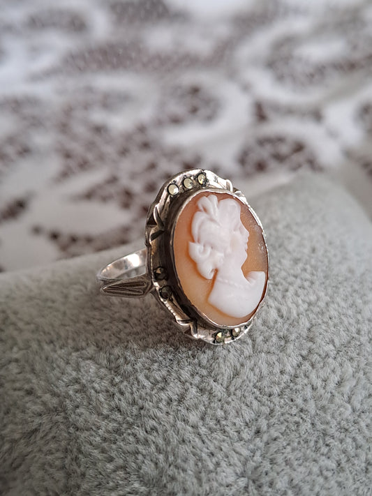 Antique 800 Silver and Carved Shell Cameo Ring