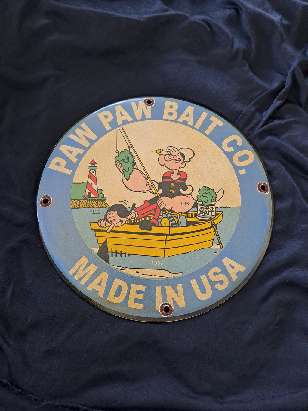 Paw Paw Bait Enamel Sign with Popeye