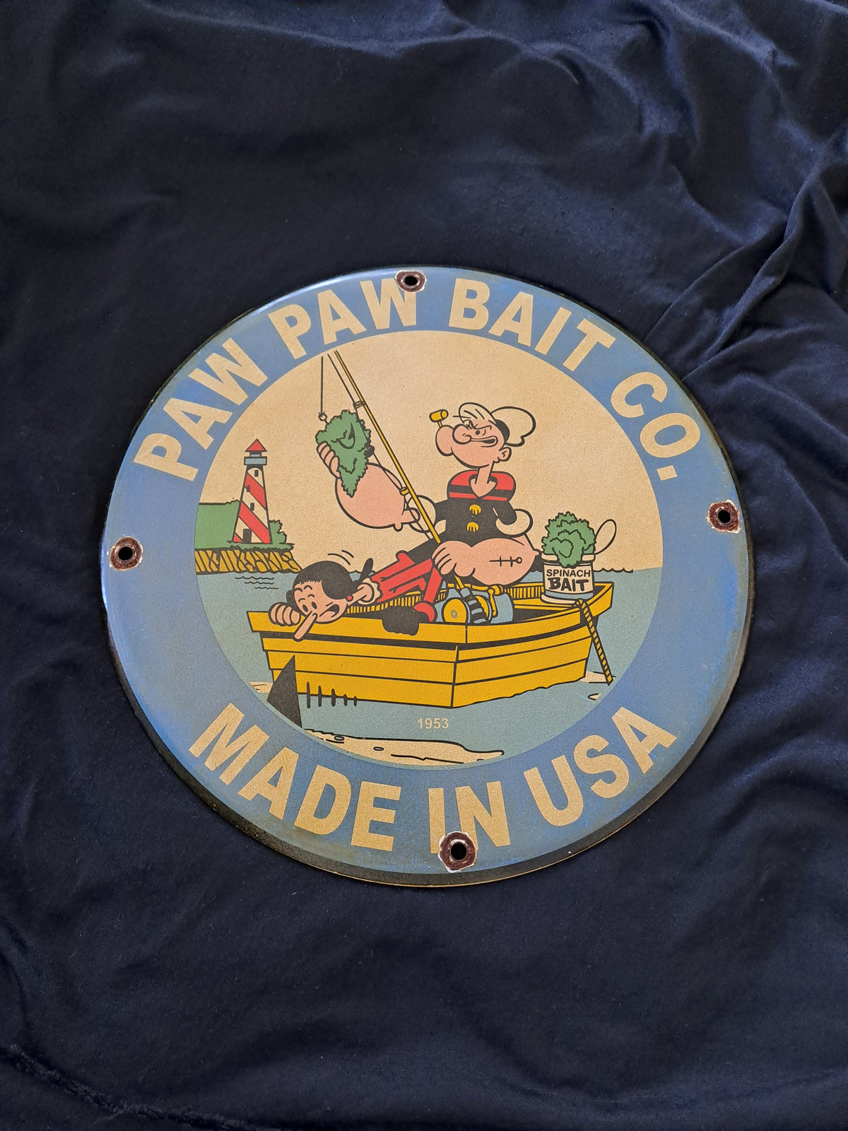 Paw Paw Bait Enamel Sign with Popeye